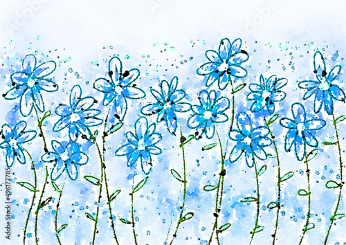 field of violets illustration, handpainted floral image, light blue wildflowers
