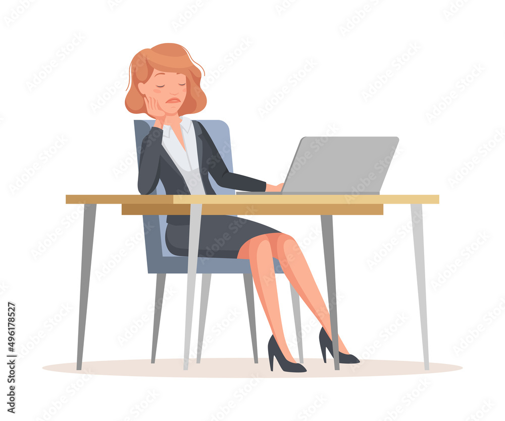 Young Office Woman at Desk with Laptop Having Day Nap and Rest Break Vector Illustration Young Office Woman at Desk with Laptop Having Day Nap and Rest Break Vector Illustration