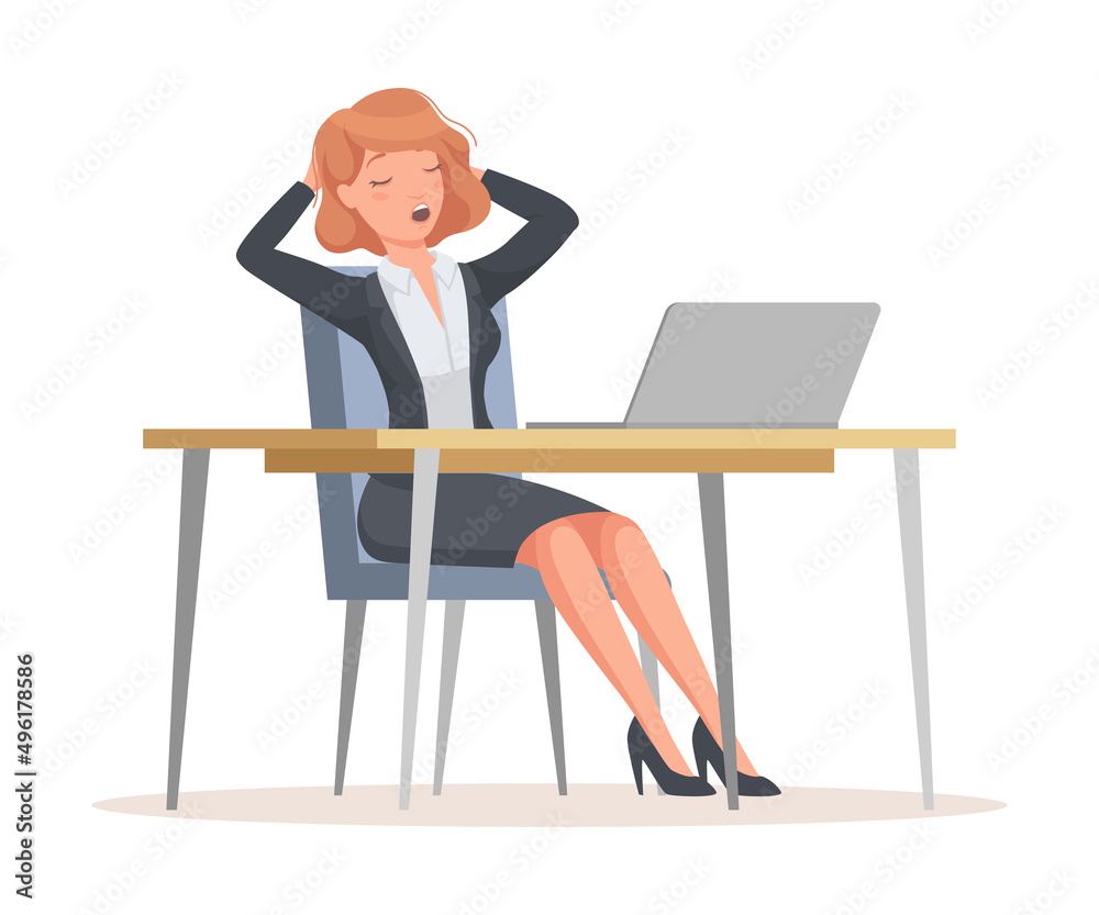 Sleepy Office Woman in Suit at Desk with Laptop Yawning Engaged in Workflow Vector Illustration