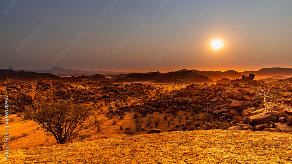Beautiful panoramic sunset over Damaraland landscape, Namibia	
