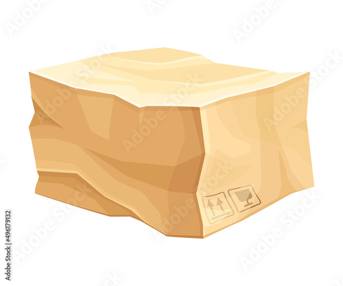 Crumpled Cardboard Box with Corrugated Sides as Packaging and Shipping Container Vector Illustration