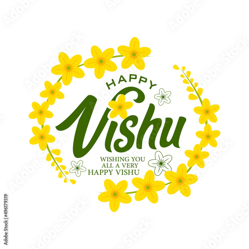 Vector illustration of a Banner for Happy Vishu Typography Design On Traditional Background with Kani konna flower, Vishu is South indian festival
