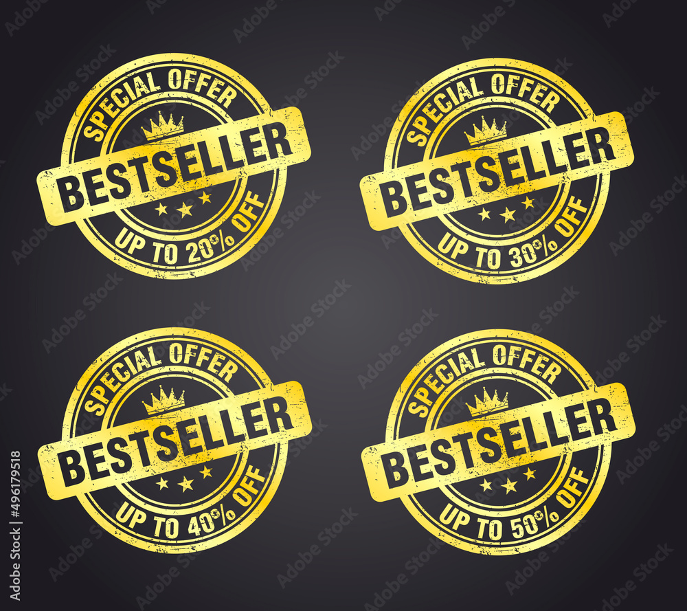 Bestseller gold grunge stamp sign set. Special offer up to 20, 30, 40, 50 percent off