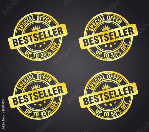 Bestseller gold grunge stamp sign set. Special offer up to 25, 35, 45, 55 percent off