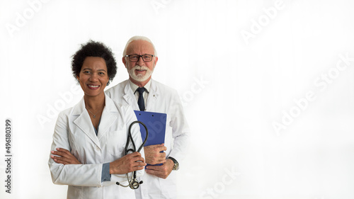 Portrait of two medical doctors on a white background