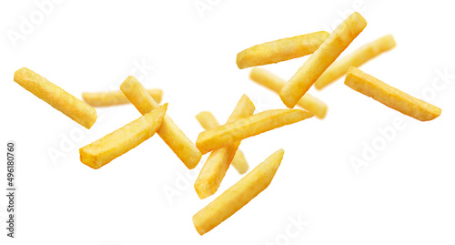 Fotografia Flying potato fries, isolated on white background