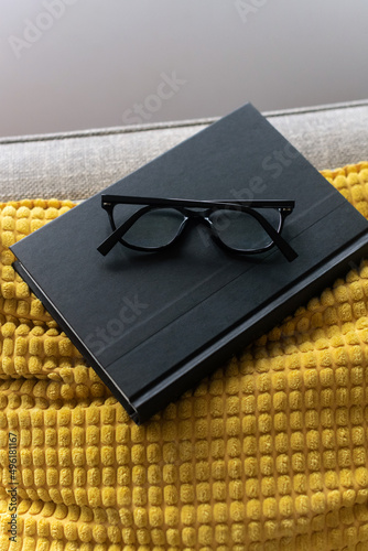 Book and glasses on couch