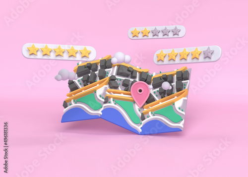 Reseña de cliente de 5 estrellas, satisfacción de compra, reputación online, ilustración 3d