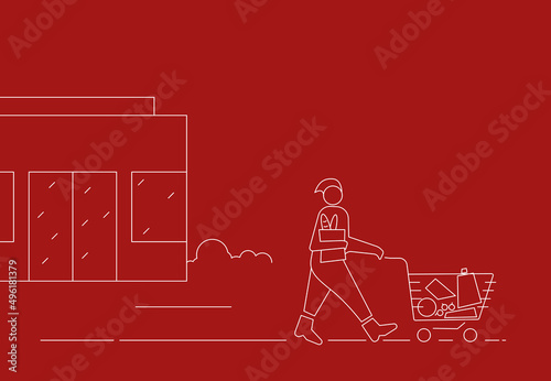 Person with shopping cart carrying purchased from supermarket in cart. Mall or shop and woman with cart carrying on. Red background with white line vector illustration.
