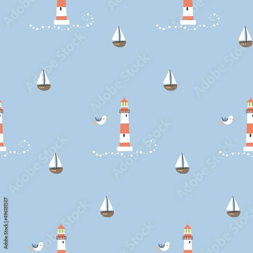 Seamless pattern with lighthouses, cute cartoon seagulls and ships. Vector illustration. 