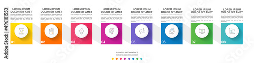 Infographic vector with eight squares. Business line concept graphic process template with 8 steps and circles. Graphic timeline for app, website, chart, levels, web, diagram, banner, presentations