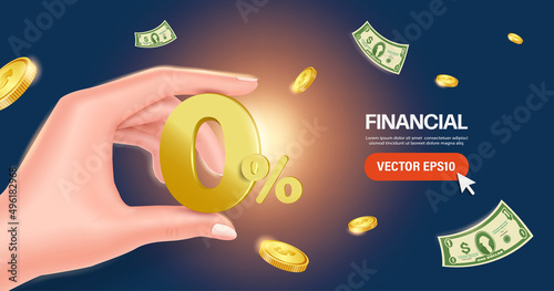 The hand was holding the golden 0% message, and a bright light shone from behind and all on a dark background For making media, design, business, finance, investment,vectro 3d for advertising design