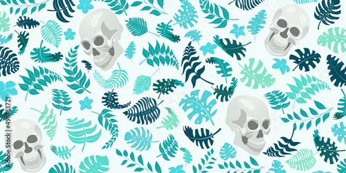 Background with exotic jungle plants and human skulls. Tropical palm leaves and flowers. Illustration for Mexican holiday Day of the Dead, Dia de los Muertos, light blue on white