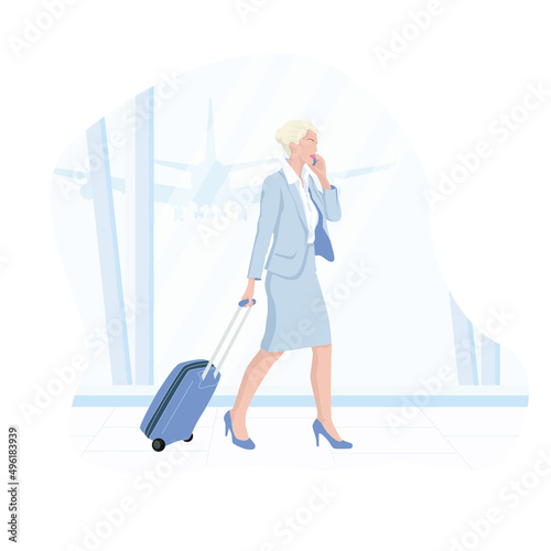 Travel, Business, Advertise concept - Everything looks great. Beautiful blonde businesswoman using smartphone checking her flight or online check-in at airport, with luggage. Air travel.