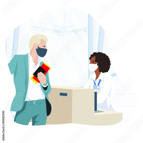 Travel, Business, Advertise concept - Everything looks great. The blonde man businessman checking her flight or online check-in at airport, with luggage. Air travel.
