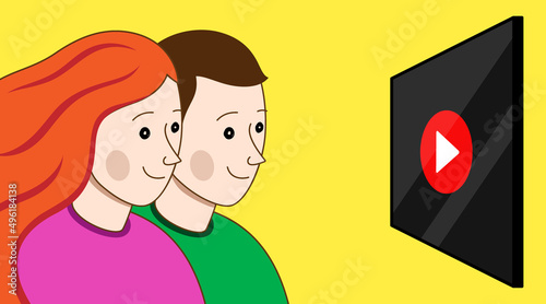 Young white couple watching television together, concept vector illustration.