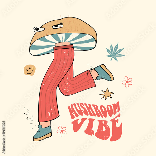 Mushroom vibe slogan with psychedelic mushroom, flowers and other retro elements. 70's Groovy Themed in Hand Drawn style. Hippie illustration for girl tee, t-shirt and sticker, poster design