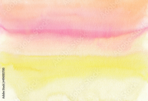 Watercolor pastel yellow and pink background texture. Stains on paper, hand painted.