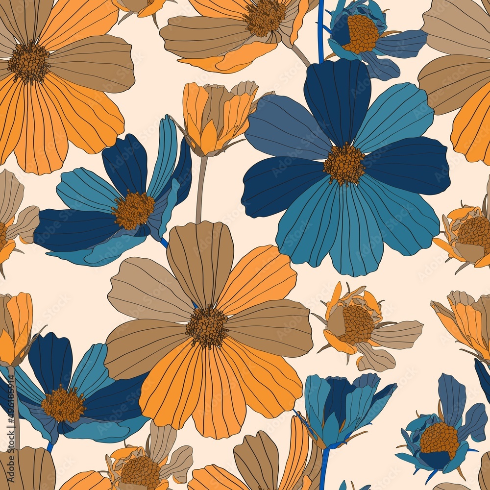 Cosmos flower seamless pattern illustration. Floral seamless pattern blue brown cosmos flowers on beige background. For textile, wallpaper, wrapping paper, print, greeting. 