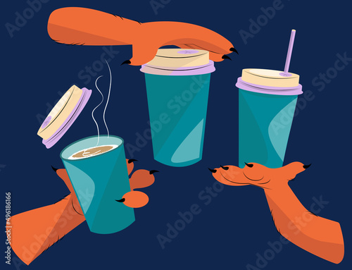 Cat red paws with glasses of coffee. Coffee icons. Coffee house. Stylish coffee menu design. Three positions of the hand with a glass coffee.