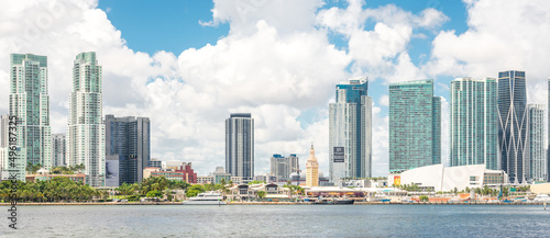 View of the Marina in Miami Bayside with modern buildings and skyline in the background. photo