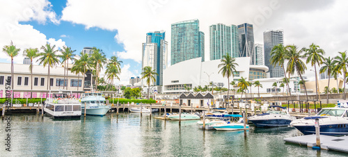 View of the Marina in Miami Bayside with modern buildings and skyline in the background. photo
