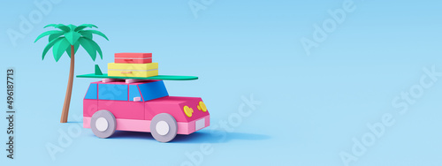 Cute car with luggage and surfboard on blue background. Summer travel concept 3D Render 3D illustration