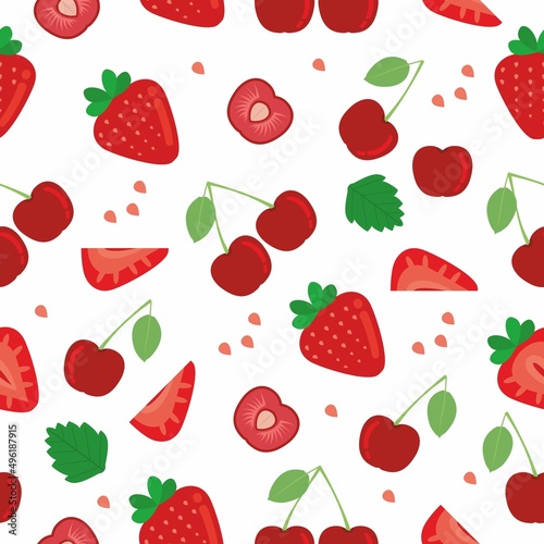 Fototapeta Naklejka Na Ścianę i Meble -  Cherry Strawberry pattern. Berries fruit pattern