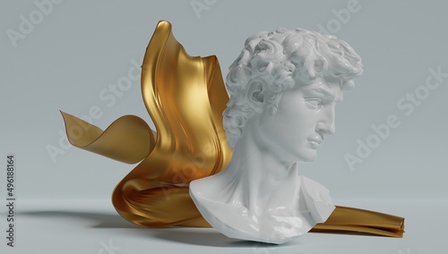 Abstract wallpaper of Michelangelo's head with a golden ribbon and light background. 3d rendering.