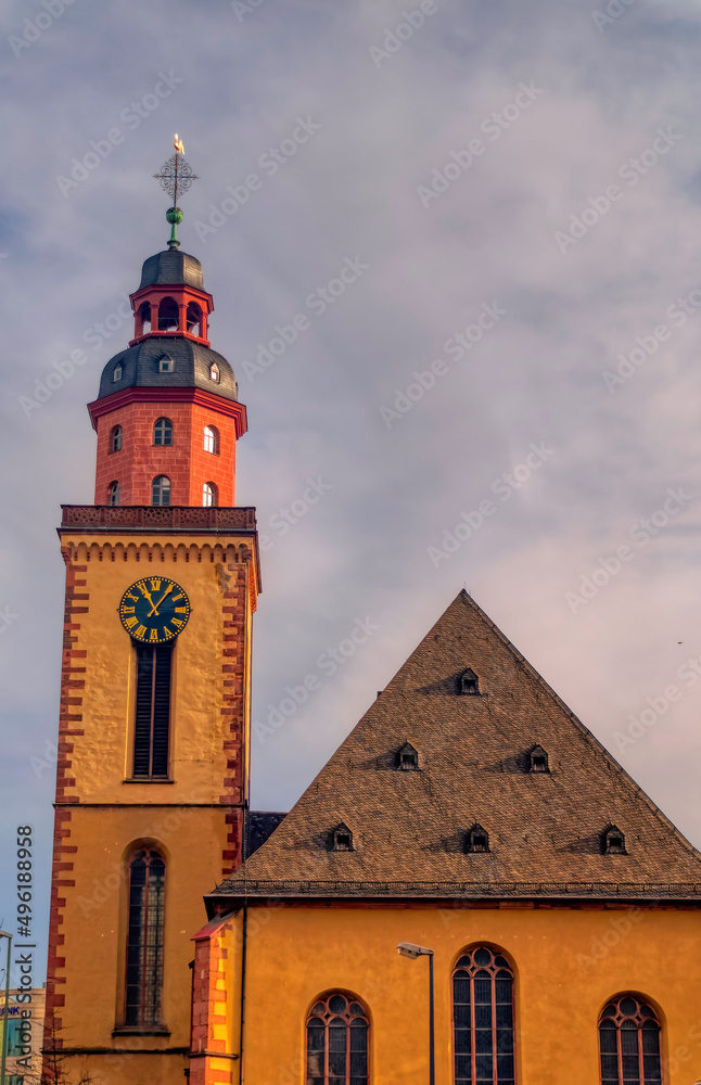 Church with clock tower in downtown Frankfurt am Main, Germany.