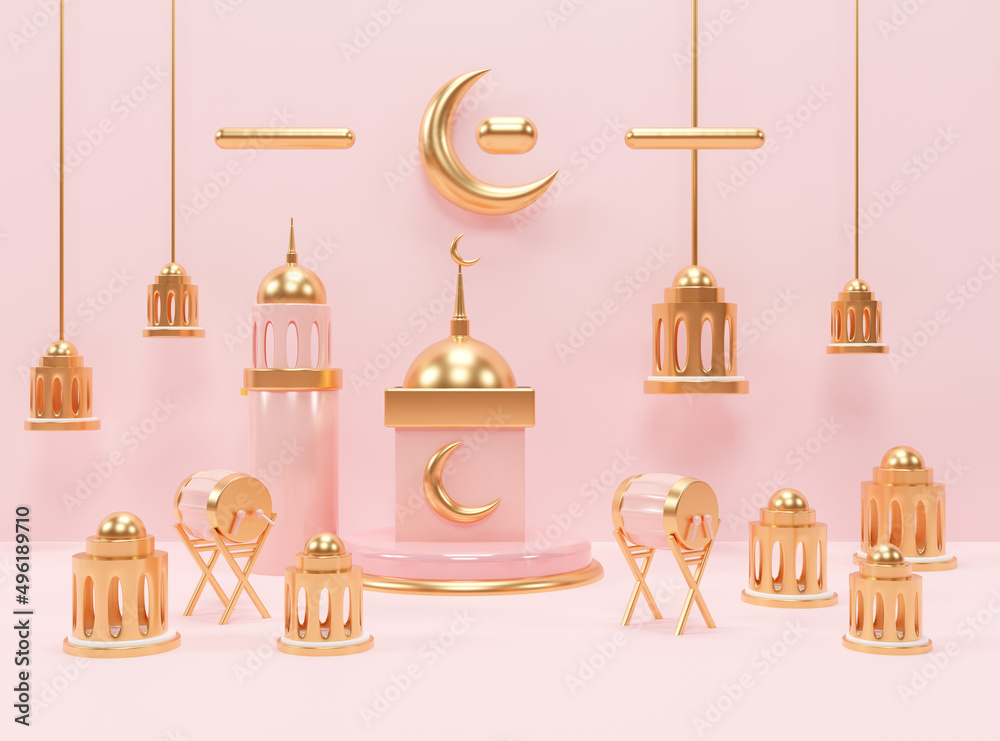 Islamic ramadan greeting background with 3d render podium mosque and islamic decoration Islamic ramadan greeting background with 3d render podium mosque and islamic decoration