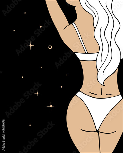 Beautiful girl with long hair in white underwear, lingerie on black background with stars. Back view. Sensual fantasy female monochrome minimal portrait . Vector illustration, flat.