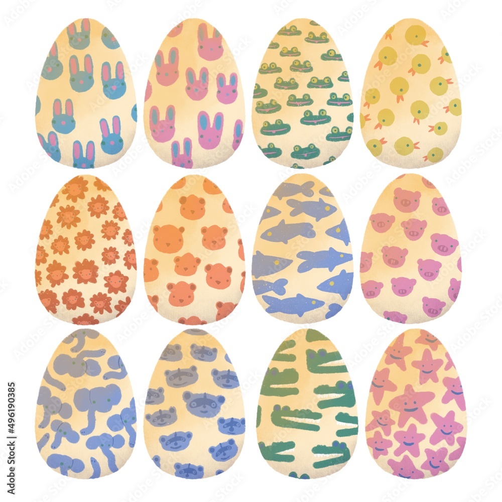 Set of 12 Watercolour pastel Easter eggs with different animals