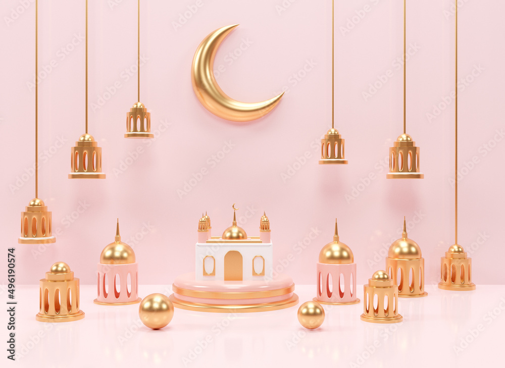 Islamic ramadan greeting background with 3d render podium mosque and islamic decoration