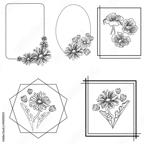 Vector illustration with set of frames with flowers in doodle technique isolated on white 