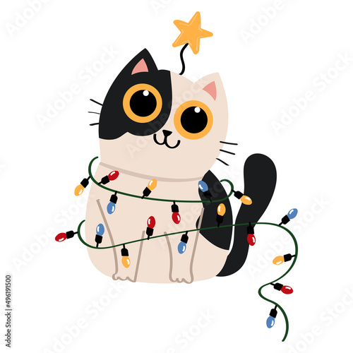 Cute cartoon cat wrapped in Christmas garland.