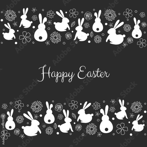 Easter greeting card with bunnies nad flowers. Vector