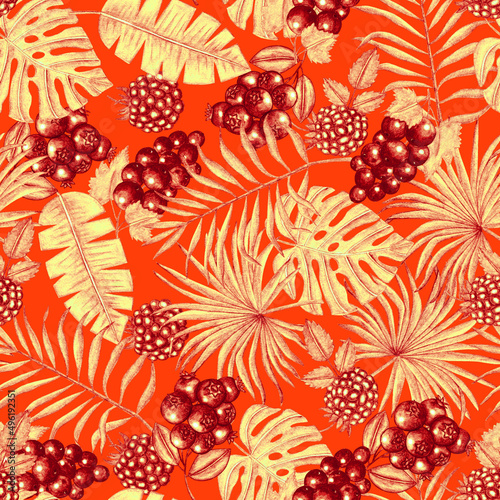 Seamless tropical pattern of leaves and berries. Watercolor illustration. 