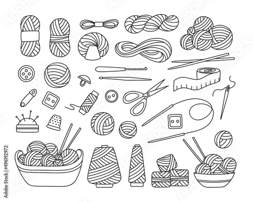 Set of knitting tools in sketch doodle style. Various skeins of yarn, needles and hooks, icon of accessories. Collection of handicraft hobby objects. Isolated hand drawn vector illustration