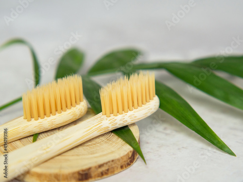 Natural bamboo toothbrushes close up. dental care  plastic free concept. Copy space for text