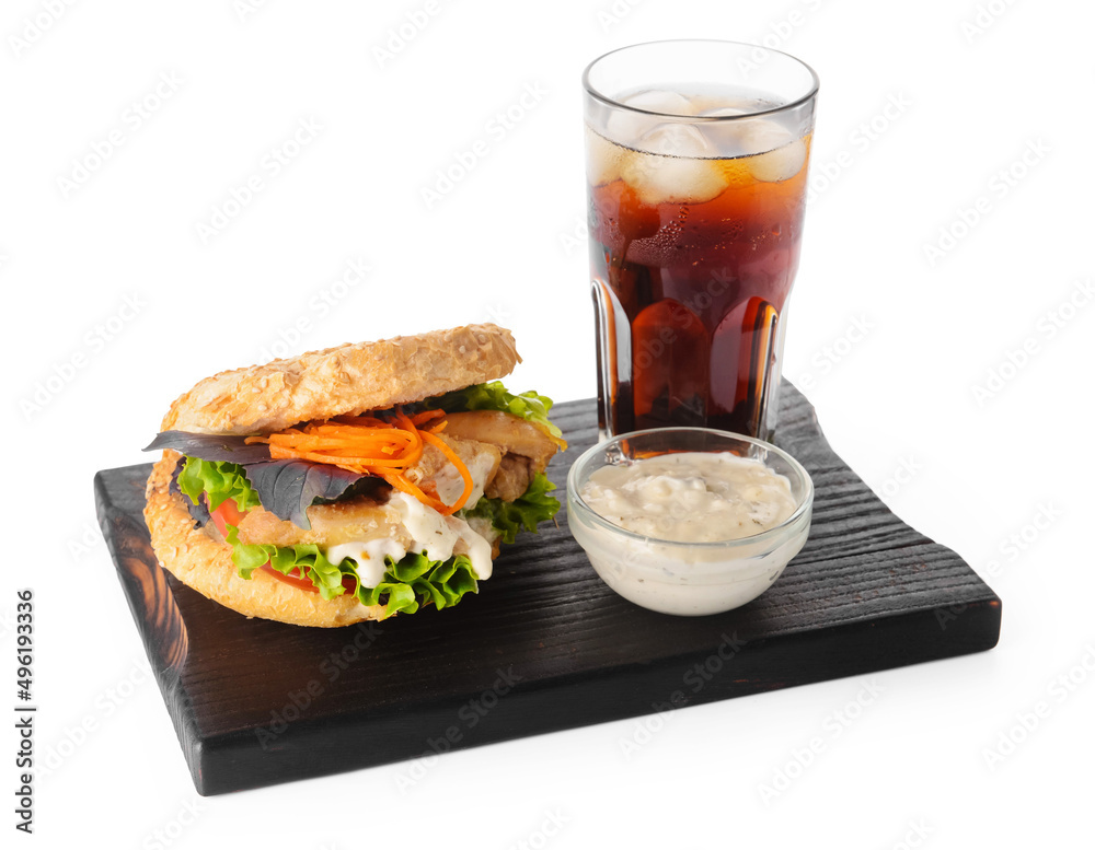 Fresh doner kebab in bun, glass of cola drink and sauce on white background Fresh doner kebab in bun, glass of cola drink and sauce on white background