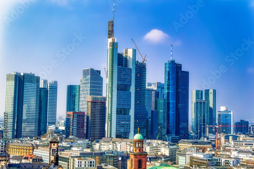 Aerial view over financial district of Frankfurt am Main, Germany.