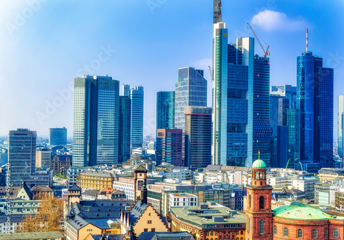 Aerial view over financial district of Frankfurt am Main  Germany.