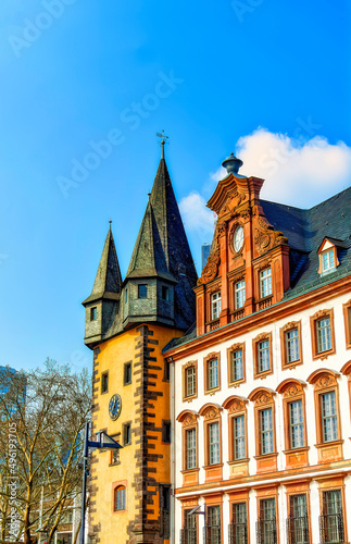 Traditional German style house facade decorations at Old Town in Frankfurt am Main, Germany.