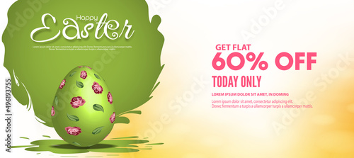 60% off Discount Easter sale poster or banner template with Colorful Painted Easter Eggs with bokeh effect background. Vector illustration.