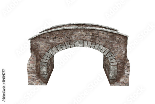 Old grey stone bridge 3D rendering isolated on white background.