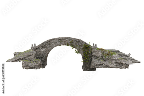 Old grey stone bridge with ivy growing on the side. 3D rendering isolated on white background.