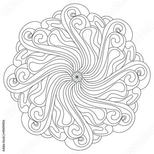 Coloring book mandala with waves. Hand drawn black and white vector illustration.