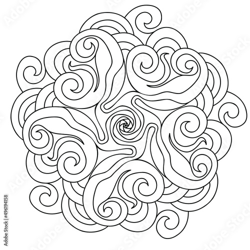 Coloring book mandala with waves. Hand drawn black and white vector illustration.