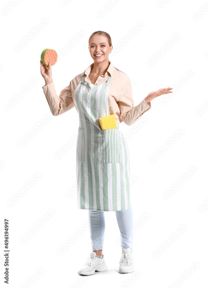 Young woman with sponges on white background Young woman with sponges on white background